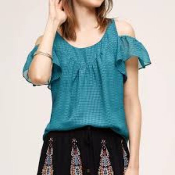 Maeve by Anthropologie - Turquoise Tavin Cold Shoulder Blouse - Size 8 - Picture 6 of 7